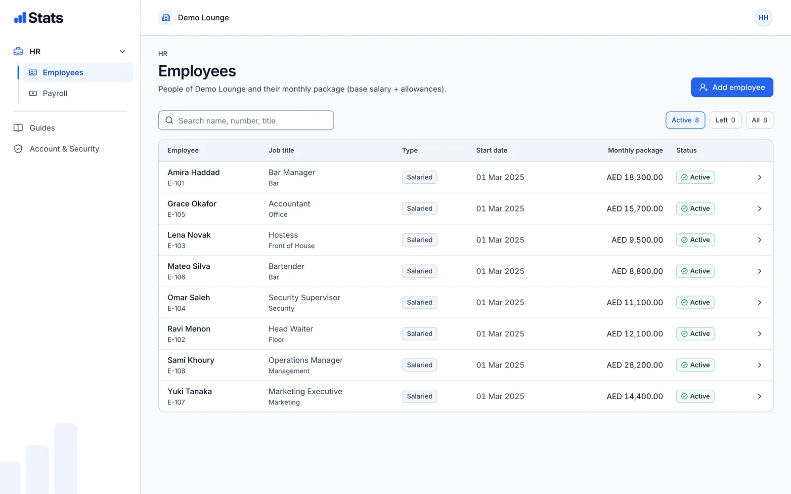 Employee list of a demo venue with job title, department, type, start date, monthly package and status.
