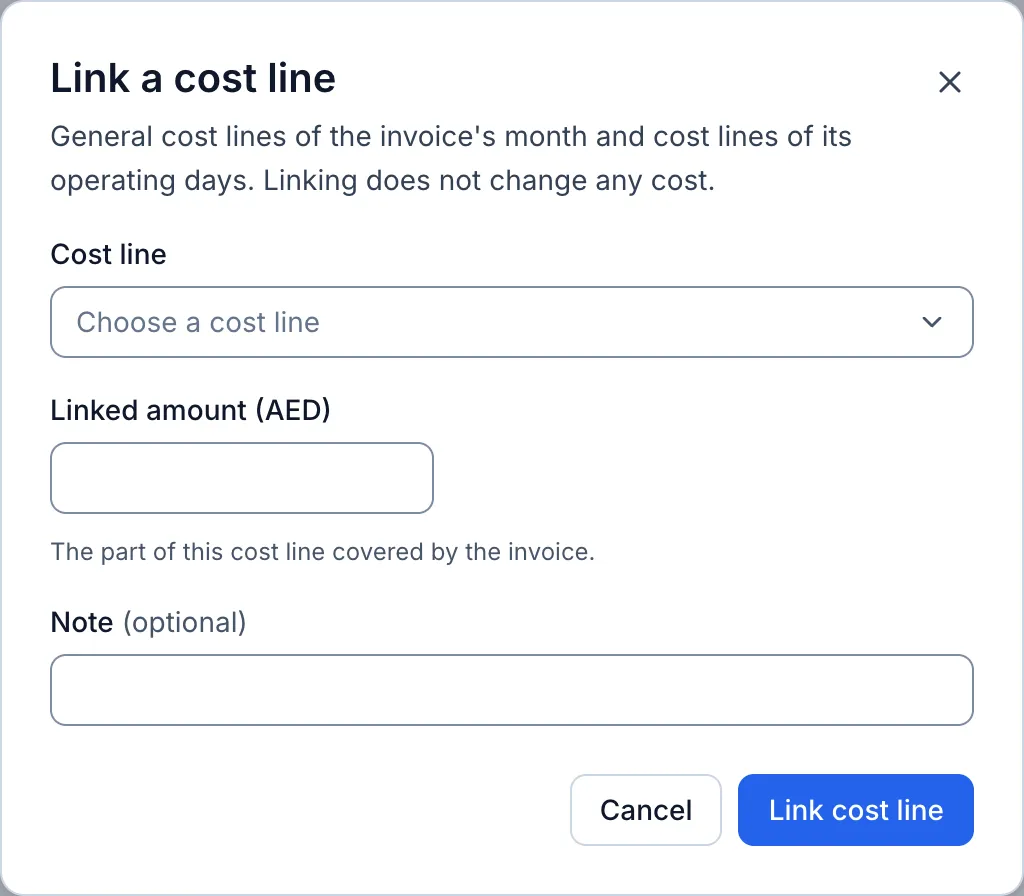 Dialog linking a purchase invoice to a cost line of an operating day.