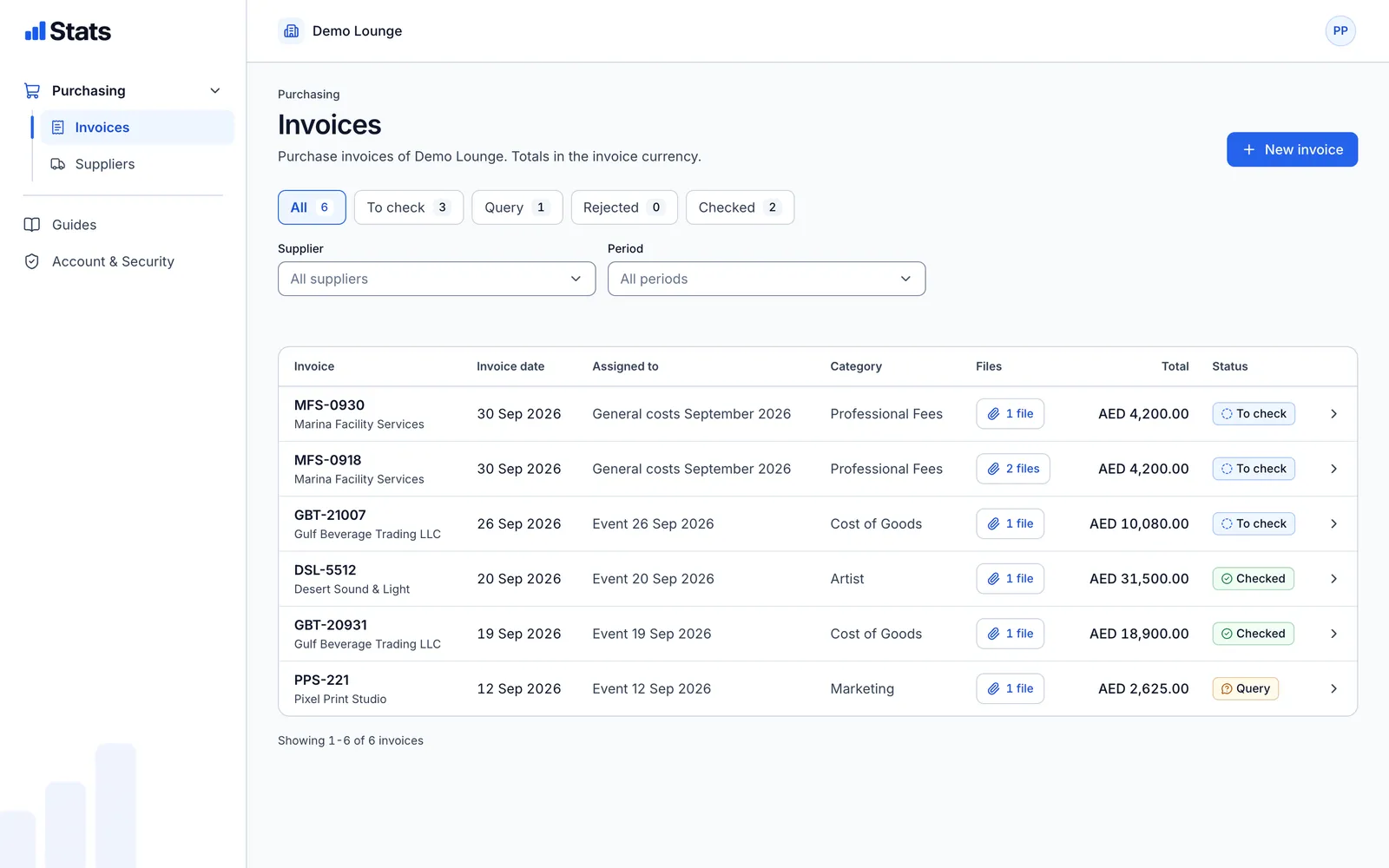 Purchase invoices of a demo venue with supplier, invoice date, assignment to a night or month, category, files, total and status.