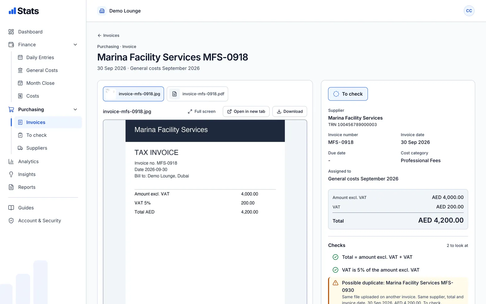 Invoice of a demo supplier next to its review panel: supplier with TRN, invoice number and date, amounts, and checks for the total, the VAT rate and a possible duplicate.