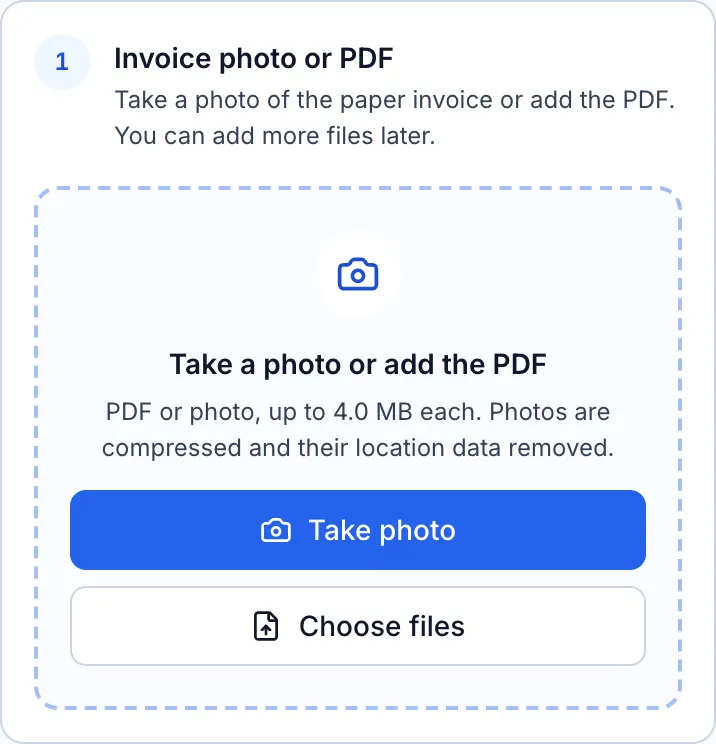 Step one of adding an invoice on a phone: take a photo or choose files.