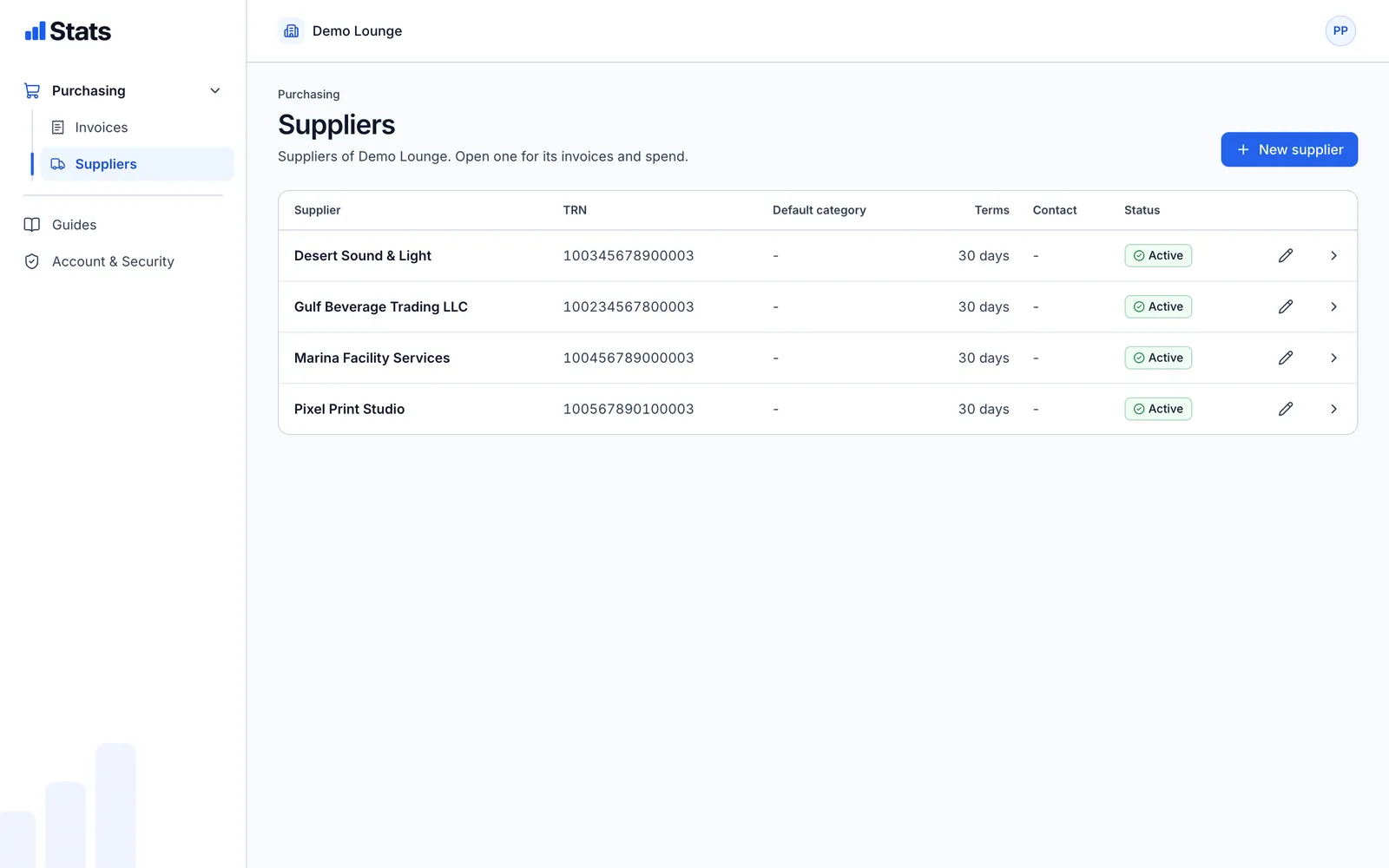 Supplier list of a demo venue.